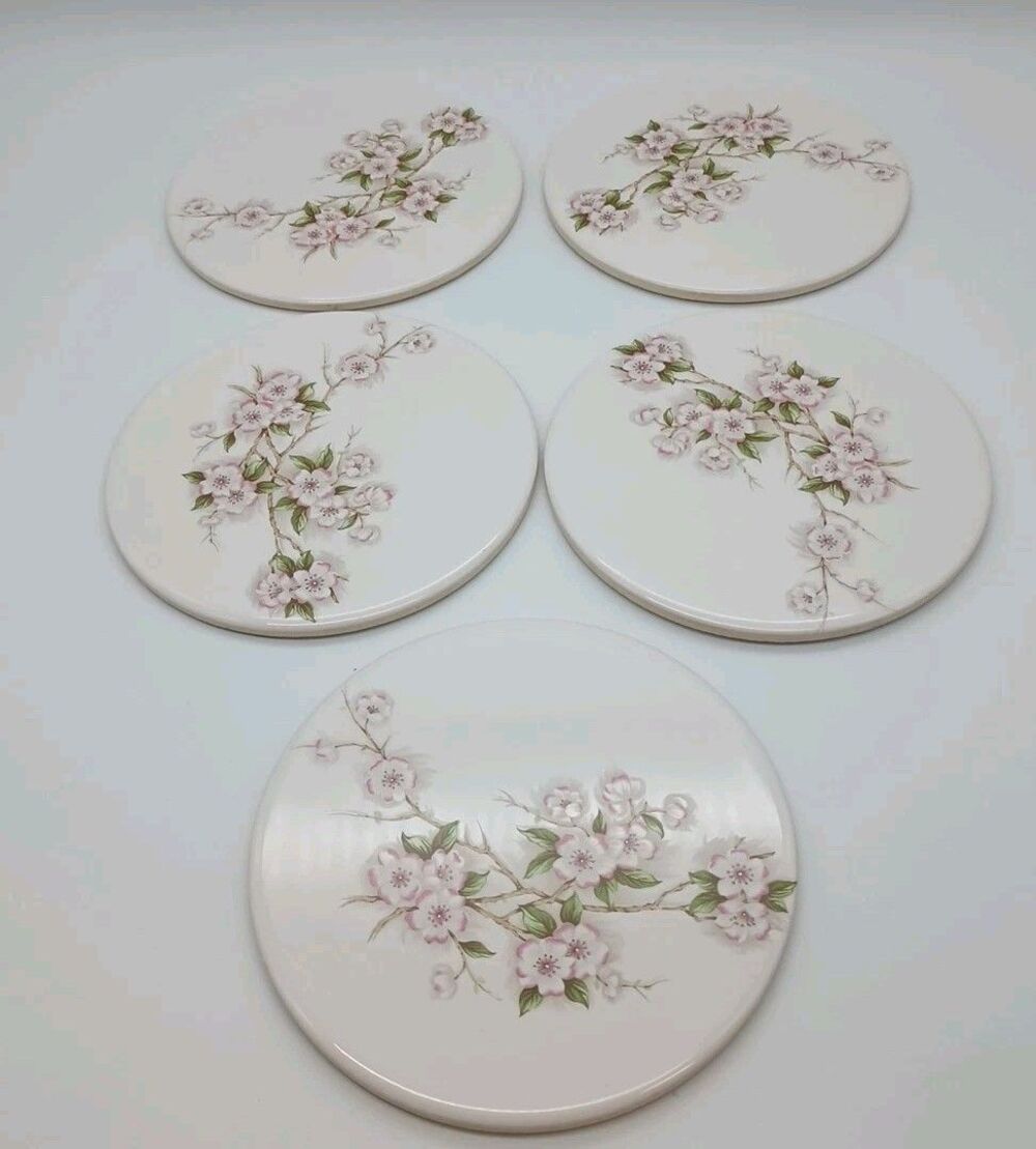 Vtg Mid-State Ceramic Trivets Cherry Spring Blossom 6"Round Set Of 5